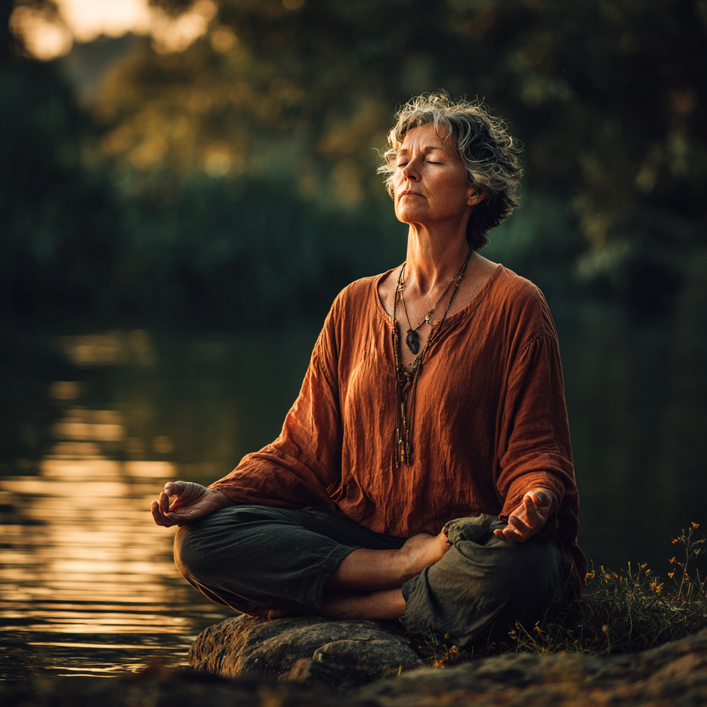 Middle-aged woman practicing peaceful yoga meditation in serene natural environment