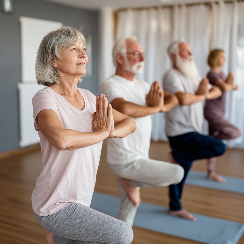 Senior adults participating in gentle yoga class with experienced instructor